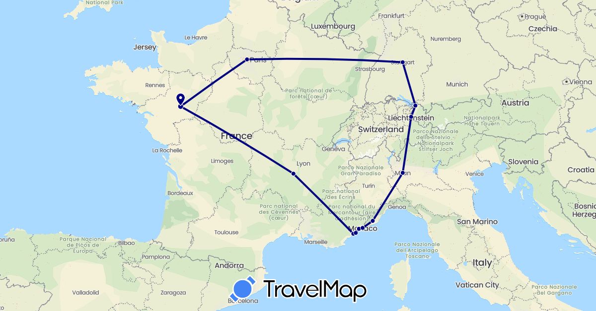TravelMap itinerary: driving in Austria, Germany, France, Italy, Liechtenstein, Monaco (Europe)